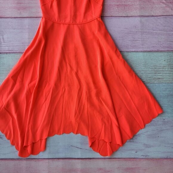 Ted Baker Neon Orange Simbah V-Neck‎ Scallop Asymmetric Hem Midi Dress M/L - Picture 3 of 6
